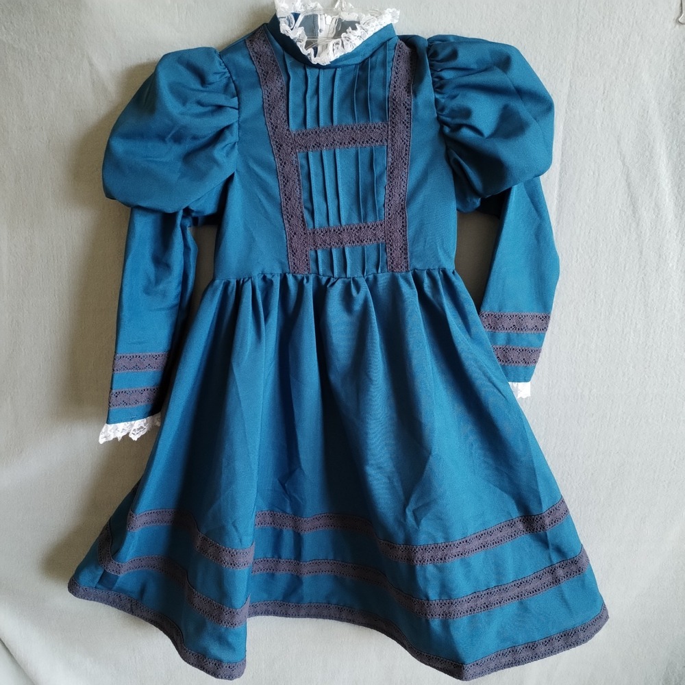 Girl's Helen Keller Costume Medium Teal Blue Prairie Dress Vtg Style Historical